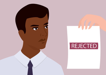 Recruitment racism concept. HR specialist reject young black man