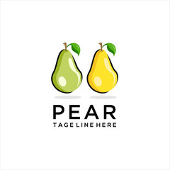 Green fresh pear fruit with leaf and caption Pears on white background for food market and healthy nutrition design
