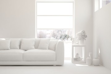Mock up of stylish room in white color with sofa and winter landscape in window. Scandinavian interior design. 3D illustration