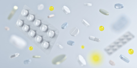 Medicine pills tablets, vitamins, supplements 3D background. Chinese pandemic pathogen coronavirus covid-19 outbrake worldwide, increased costs for corona virus covid disease medicaments, antibiotics