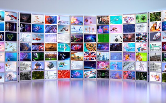 Curved video panels, image wall, TV media screens background. HDTV 4K television broadcast, video business multimedia production technology, consumer electronics, advertising presentation 3D concept