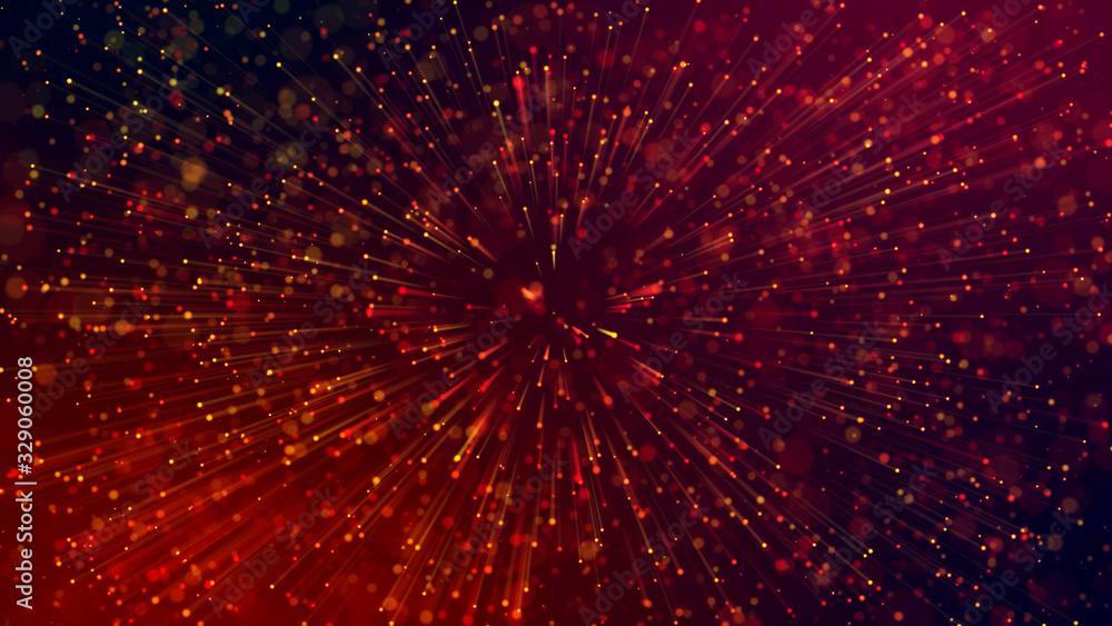Poster 3d abstract beautiful background with light rays colorful glowing particles, depth of field, bokeh. 