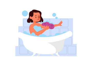 Little girl taking a bath. Young male character washing himself