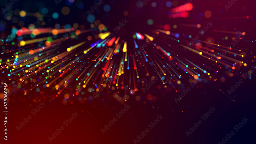 Poster 3d abstract beautiful background with light rays colorful glowing particles, depth of field, bokeh. 