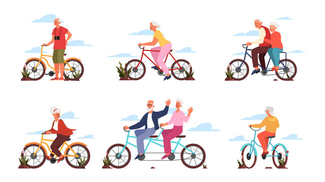 Old man and woman riding their colorful bicycle. Active outdoor life