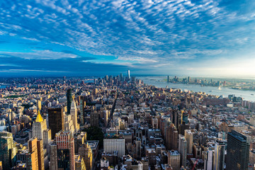 Skyline of skyscrapers at sunset in Manhattan, New York City, USA