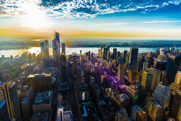 Skyline of skyscrapers at sunset in Manhattan, New York City, USA