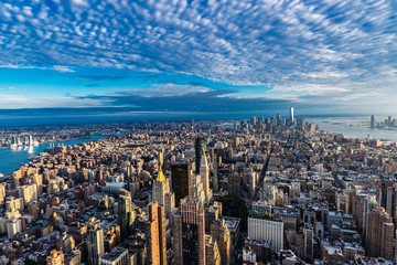 Skyline of skyscrapers at sunset in Manhattan, New York City, USA