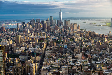 Skyline of skyscrapers at sunset in Manhattan, New York City, USA