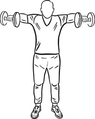 man in the style of graphics, sports exercises, side raise, raising hands with dumbbells, monochrome style, workout, print, design for the design of brochures, stickers, book, magazines, fitness diary