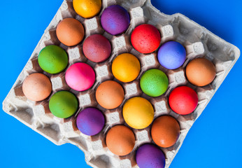 colorful eggs in the packaging on blue background