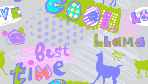 seamless multicolored Pattern for young people bright with the words love, llama, best time,cool and silhouettes of llamas