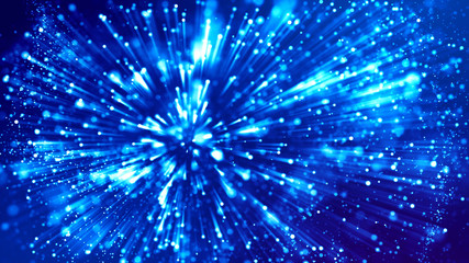 Blue light rays like laser show for bright festive presentation. 3d rendering of abstract blue background with glowing particles like micro world science fiction with depth of field and bokeh.