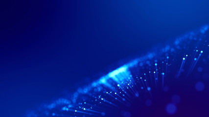 Blue light rays like laser show for bright festive presentation. 3d rendering of abstract blue background with glowing particles like micro world science fiction with depth of field and bokeh. © Green Wind