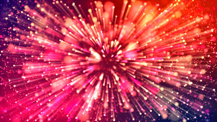 Abstract explosion of multicolored shiny particles like sparkles with light rays like laser show. 3d abstract background with light rays colorful glowing particles, depth of field, bokeh.