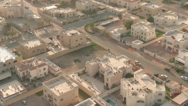 Low altitude aerial view of a residential area in Dubai, UAE