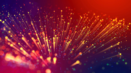 Abstract explosion of multicolored shiny particles like sparkles with light rays like laser show. 3d abstract background with light rays colorful glowing particles, depth of field, bokeh.