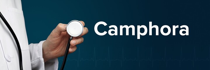Camphora. Arzt im Kittel hält Stethoskop. Das Wort Camphora steht daneben. Symbol für Medizin,...