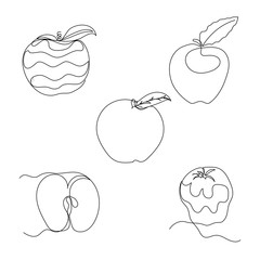 Set of five one line apples. Hand drawn black and white vector illustration. Outlined fruits.