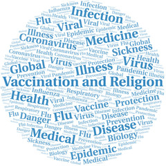 Vaccination and religion word cloud on white background.