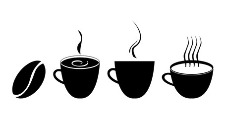 Coffee cups and bean silhouettes isolated on white