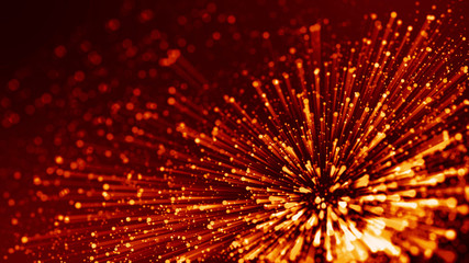 Fototapeta na wymiar 3d rendering of abstract red fiery background with glowing particles like micro world science fiction with depth of field and bokeh. Red light rays like laser show for bright festive presentation