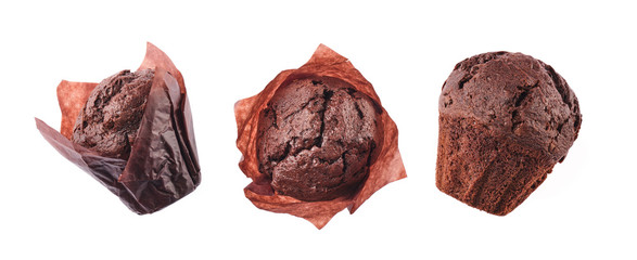 Different angles of Fresh Homemade Chocolate Muffin Cake On White Background.