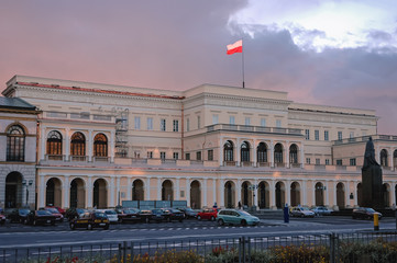 Obraz premium Western wing of Palace of the Ministry of Revenues and Treasury also known as Commission Palace located on the Bank Square in Warsaw city, Poland