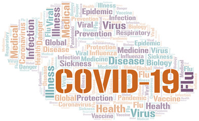 COVID-19 word cloud on white background.