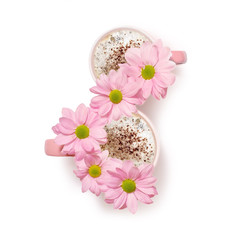 Flowers In cup of coffee tea in shape of number eight