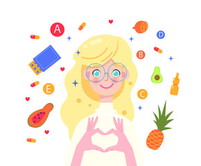 Girl take vitamin pills for skin and hairs, vitamin balance. Woman and products for healthy nutrition. Vector illustration isolated on white background.