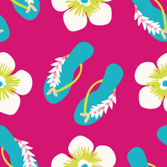 Fototapeta na wymiar Flip flop shoe seamless vector pattern background. Stylish sandals with tropical flower decoration beach wedding backdrop. Multicolor. All over print for exotic vacation and honeymoon resort concept