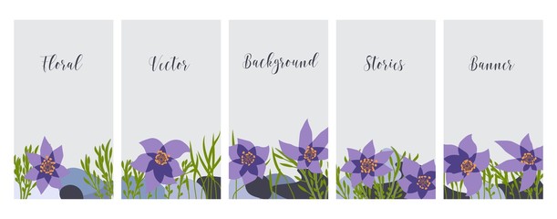 Social media banners set, spring flowers, flat colors, floral backgrounds with copy space for text, vector templates.