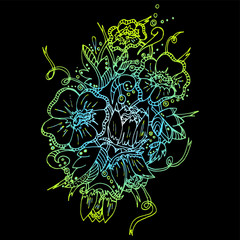 Flower patern. Twisting elements, buds and leaves. Large inflorescences and branches. Freehand sketch. Bright outline on a black background.
