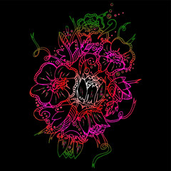 Flower patern. Twisting elements, buds and leaves. Large inflorescences and branches. Freehand sketch. Bright outline on a black background.