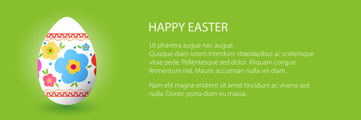 Banner with easter egg, egg and ornament of flowers on a green background, Happy Easter, vector illustration