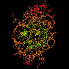 Flower patern. Twisting elements, buds and leaves. Large inflorescences and branches. Freehand sketch. Bright outline on a black background.