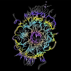 Flower patern. Twisting elements, buds and leaves. Large inflorescences and branches. Freehand sketch. Bright outline on a black background.