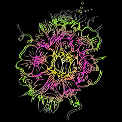 Flower patern. Twisting elements, buds and leaves. Large inflorescences and branches. Freehand sketch. Bright outline on a black background.