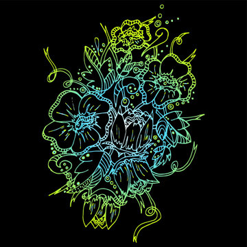 Flower patern. Twisting elements, buds and leaves. Large inflorescences and branches. Freehand sketch. Bright outline on a black background.