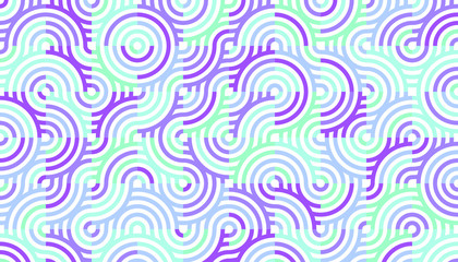 geometric seamless pattern background composed by a sequence of overlapped waves, circles and squares with different cold colors. Repetitive geometric theme.