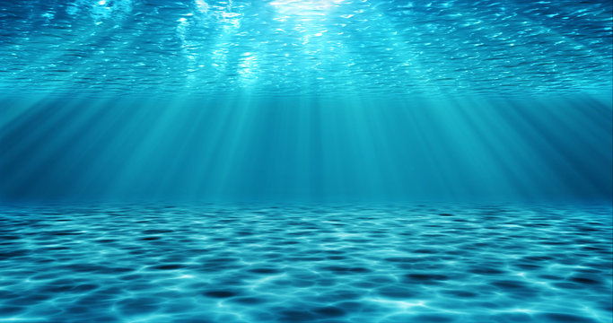 Underwater scene 3D realistic illustration with light rays. Behind the rippling water is the blue sunny sky.