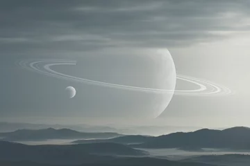 Fotobehang surrealistisch landschap, planeten boven heuvels aan de ochtendhemel, ringplaneet sciencefictionlandschap © andreiuc88