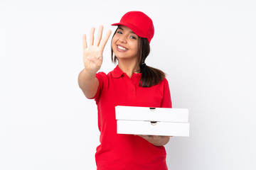 Young Pizza delivery girl over isolated white background happy and counting four with fingers