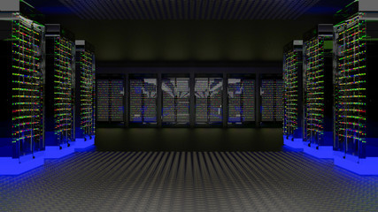 Servers. Server room data center. Backup, hosting, mainframe, farm and computer rack with storage information. 3d render