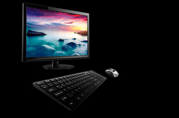 laptop with blank screen isolated on black background 