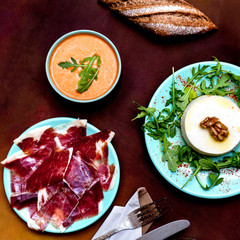 Iberic ham with gazpacho and cheese-spanish tapas
