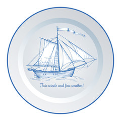 Vintage ship sailboat. The image on decorative wall plate. The interior decoration in the style of Dutch ceramics.