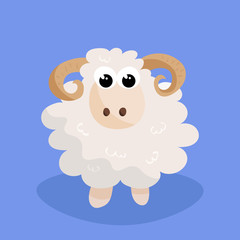 Fototapeta premium Kawaii fluffy little sheep character vector illustration isolated on blue background. Funny & happy cute cartoon animal. Hand drawn sketch. Textile, postcard, wallpaper, nursery decoration element.