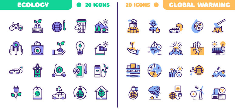Nature conservation green color linear icons set